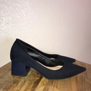 Zara Medium Block Heeled Navy Blue Suede Pumps